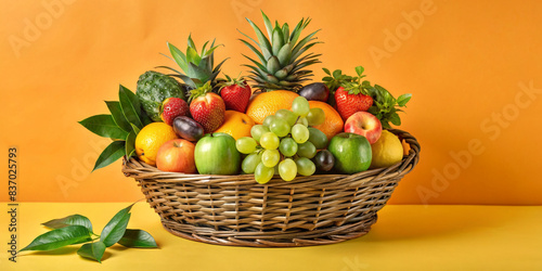 Fruits Basket , Assorted organic vegetables and fruits in wicker basket isolated PNG
