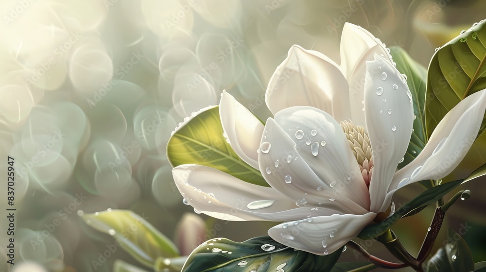 A close-up illustration of a single, white magnolia blossom with delicate petals. The flower is covered in dewdrops that sparkle in the soft morning light. A close-up illustration of a single, white magnolia blossom with delicate petals. The flower is covered in dewdrops that sparkle in the soft morning light.