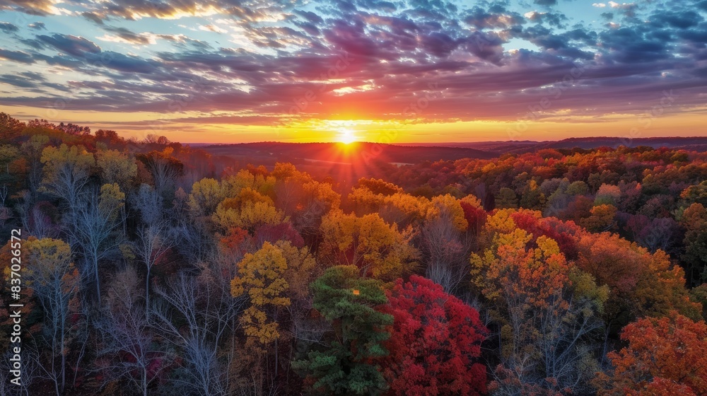 A breathtaking view of a vibrant autumn sunset over a forested landscape. A breathtaking view of a vibrant autumn sunset over a forested landscape.