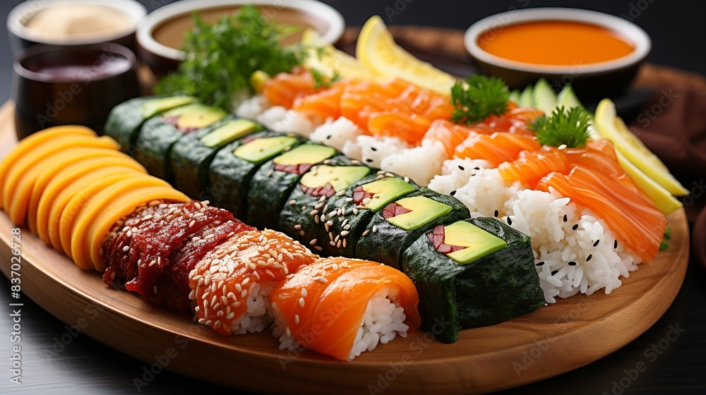 A colorful array of sushi rolls with fresh fish, avocado, cucumber, and rice, served with soy sauce, pickled ginger, and wasabi, presenting a visually stunning and delicious Japanese meal. Minimal A colorful array of sushi rolls with fresh fish, avocado, cucumber, and rice, served with soy sauce, pickled ginger, and wasabi, presenting a visually stunning and delicious Japanese meal. Minimal