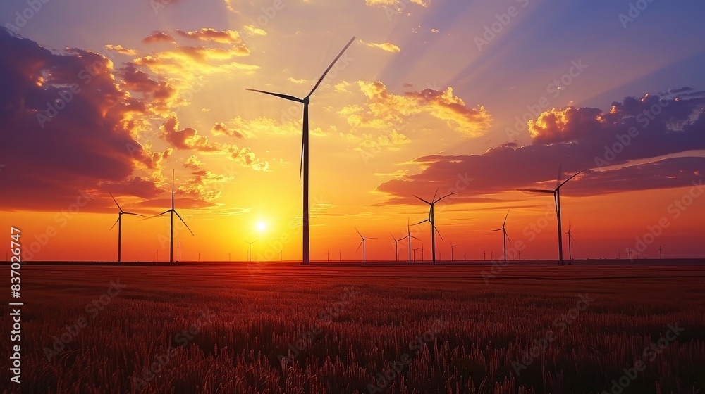 Obraz premium Beautiful sunset over the windmills on the field