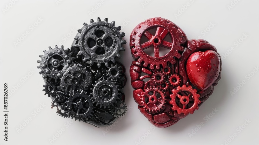 Brain and heart linked by gears, showcasing the integration of cognitive and emotional processes, clean white background Brain and heart linked by gears, showcasing the integration of cognitive and emotional processes, clean white background