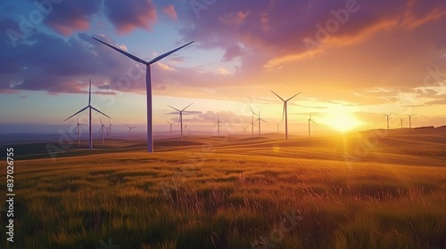Beautiful sunset over the windmills on the field
