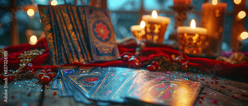 Tarot cards with intricate designs are laid out on a table with candles, red cloth, and decorative items.