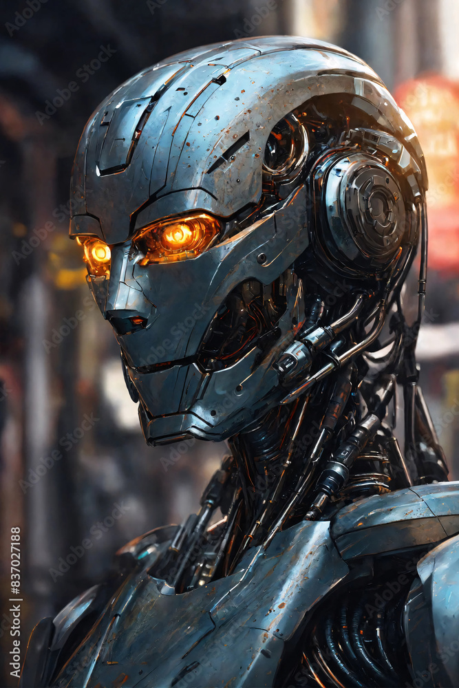 Fototapeta premium Face of humanoid metal robot close-up. Glowing eyes.