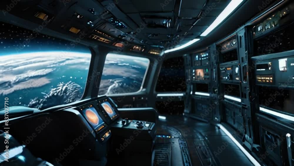 Futuristic Spaceship Cockpit with Earth View Through Window Futuristic Spaceship Cockpit with Earth View Through Window