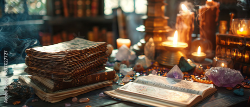 Mystical Fortune Teller's Table with Tarot Cards, Crystals, and Ancient Books