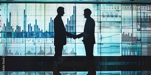 Corporate Success, Business Leaders Shaking Hands in Front of Financial Graphs on Large Screen