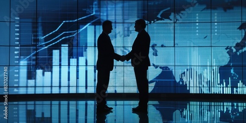 Corporate Success, Business Leaders Shaking Hands in Front of Financial Graphs on Large Screen