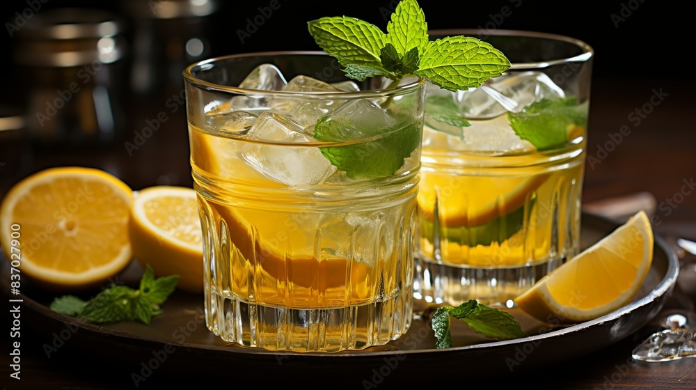 A refreshing citrus cocktail with muddled mint leaves, served in a glass with ice and garnished with a slice of lime, inviting viewers to relax and unwind with a refreshing drink. Minimal and Simple, A refreshing citrus cocktail with muddled mint leaves, served in a glass with ice and garnished with a slice of lime, inviting viewers to relax and unwind with a refreshing drink. Minimal and Simple,