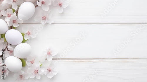 Sakura blossom flower, white happy easter eggs on white wood spring background