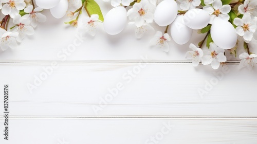 Sakura blossom flower, white happy easter eggs on white wood spring background