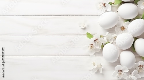 Sakura blossom flower, white happy easter eggs on white wood spring background