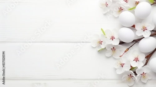 Sakura blossom flower, white happy easter eggs on white wood spring background