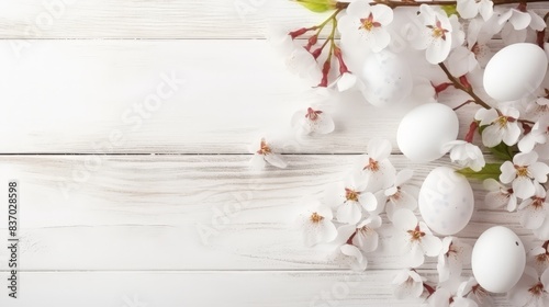 Sakura blossom flower, white happy easter eggs on white wood spring background