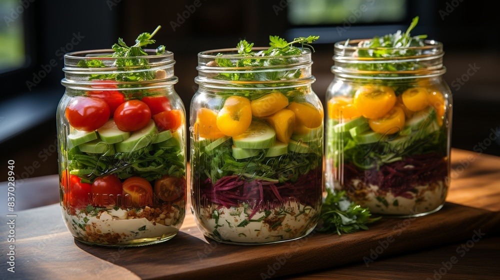 A colorful array of fresh salads in mason jar containers, layered with lettuce, cherry tomatoes, cucumber slices, and protein such as grilled chicken or tofu, perfect for on-the-go lunches and A colorful array of fresh salads in mason jar containers, layered with lettuce, cherry tomatoes, cucumber slices, and protein such as grilled chicken or tofu, perfect for on-the-go lunches and