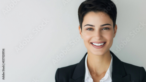 Mature white woman in business suit with smiling expression, copy space, white background