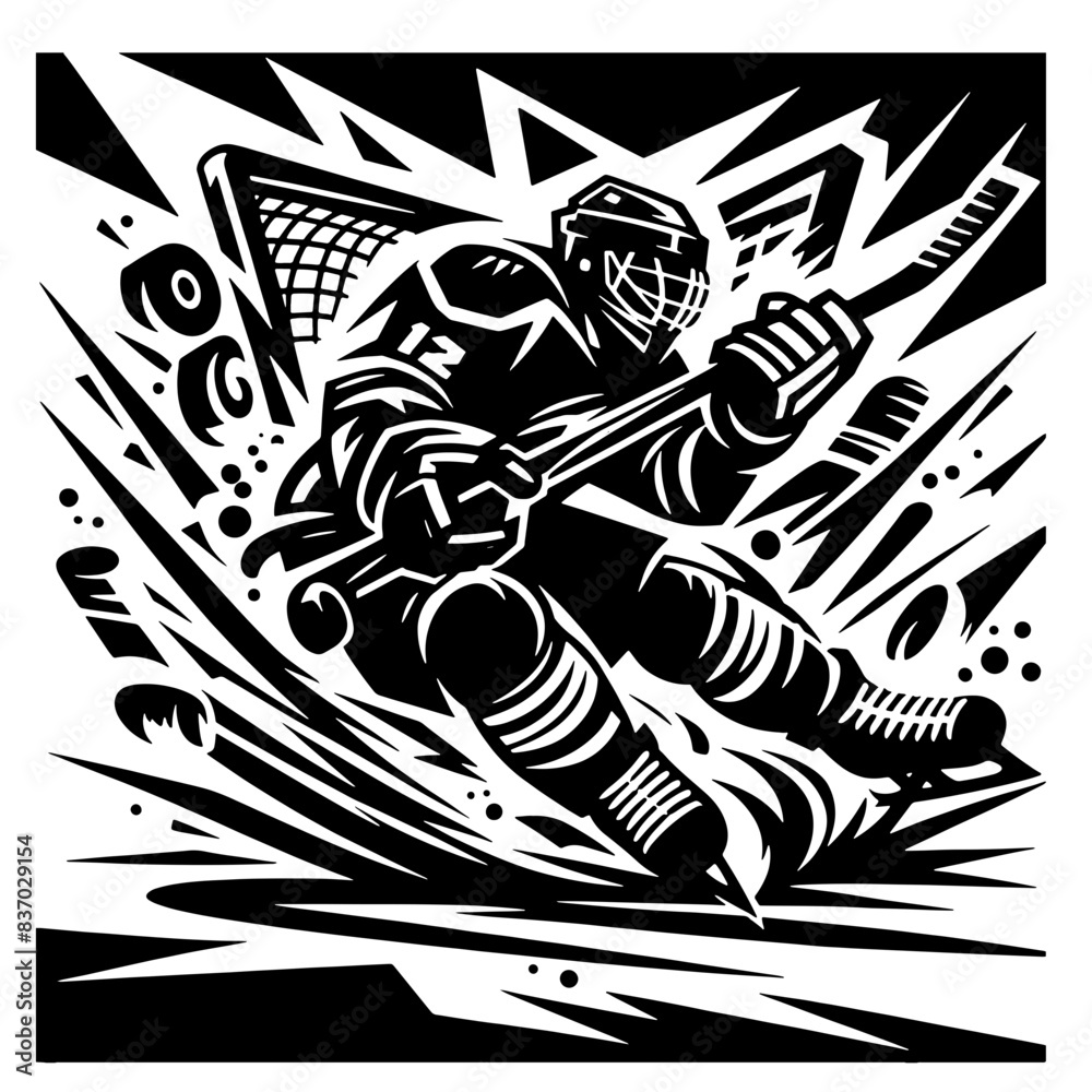 Obraz premium Cartoon Black and White Isolated Illustration Vector Of An Ice Hockey Player in Graffiti Style