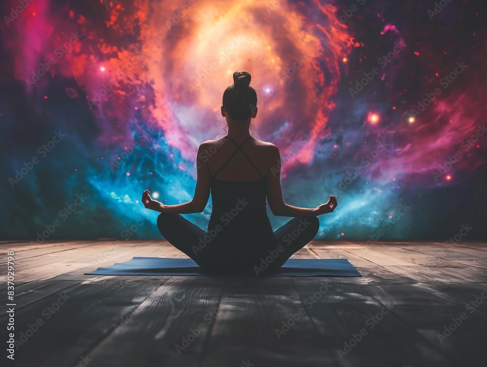 Beautiful woman sits in a pose of a half lotus on beautiful colorful background, she practicing yoga meditation Beautiful woman sits in a pose of a half lotus on beautiful colorful background, she practicing yoga meditation
