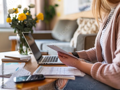 woman busy paying bills online on computer calculating household finances or taxes, make payment on laptop