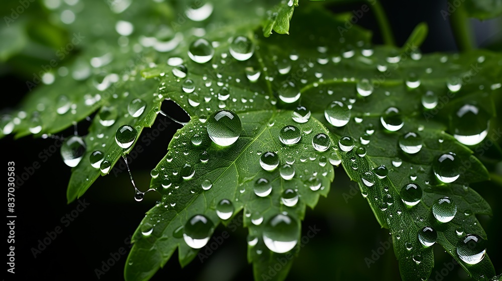 A close-up of raindrops clinging to the surface of a spider's web, refracting light and creating a mesmerizing pattern against the backdrop of lush green foliage. Minimal and Simple,
