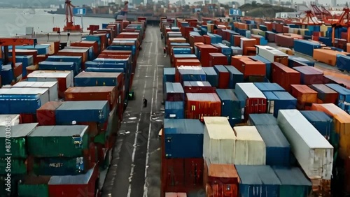 Aerial View of Shipping Containers at a Busy Port photo