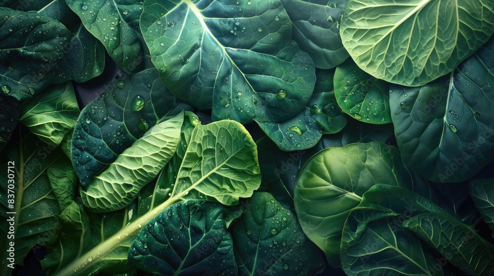 Fototapeta premium Close-up image of fresh, green leafy vegetables with dew drops, showcasing the natural texture and vibrant colors of the produce.