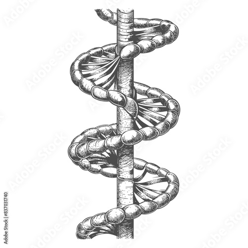Hand-drawn DNA helix spiraling around a central rod, scientific illustration.