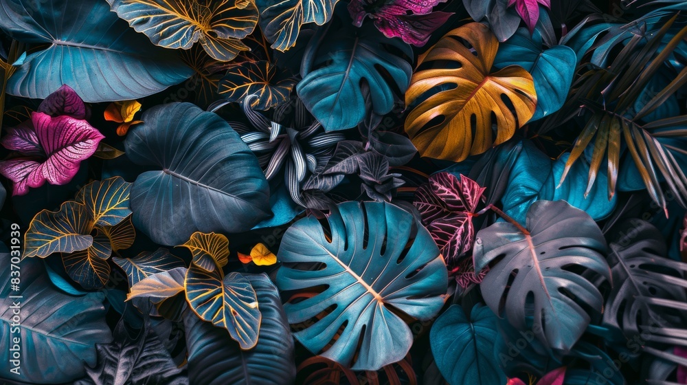 Vibrant Jungle: Multicolored Tropical Leaf Design. Vivid and colorful depiction of tropical leaves includes a spectrum of blue, yellow, and red, perfectly capturing the rich diversity of the jungle. Vibrant Jungle: Multicolored Tropical Leaf Design. Vivid and colorful depiction of tropical leaves includes a spectrum of blue, yellow, and red, perfectly capturing the rich diversity of the jungle.