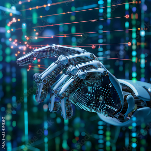Shaking hand between a human business man hand and digital robotic AI hand ,light digital background