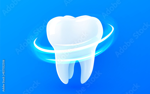 3d realistic vector healthy glowing tooth. Light vortex around white tooth. Dental care, protection and whitening.