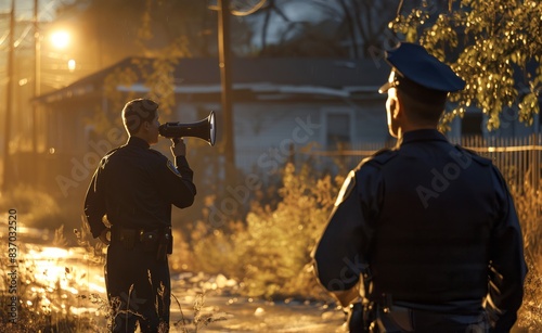 Police negotiator speaking calmly to a tense standoff, with stoic officers standing by at dusk.