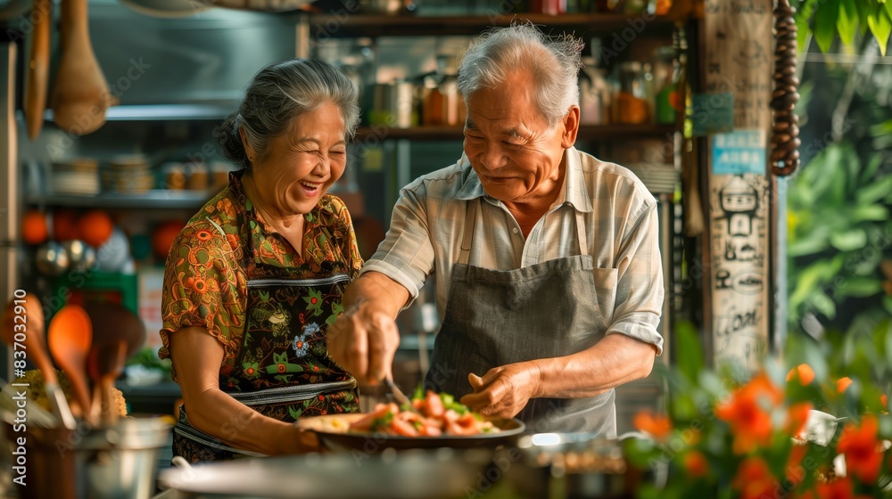 A senior couple, laughter lines etched on their faces, cook together in a light-filled kitchen adorned with greenery. A senior couple, laughter lines etched on their faces, cook together in a light-filled kitchen adorned with greenery.