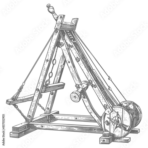 Detailed Trebuchet Illustration: Medieval Siege Weapon, Hand-Drawn.