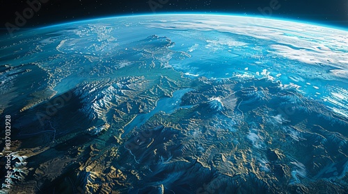 Photorealistic 3D Render of Planet Earth Viewed from Space with Exaggerated Features, Mountain Ranges, Emerging Trees in Jungles, and Ocean Waves, Created in Unreal Engine 5. High Definition and Detai © Ben