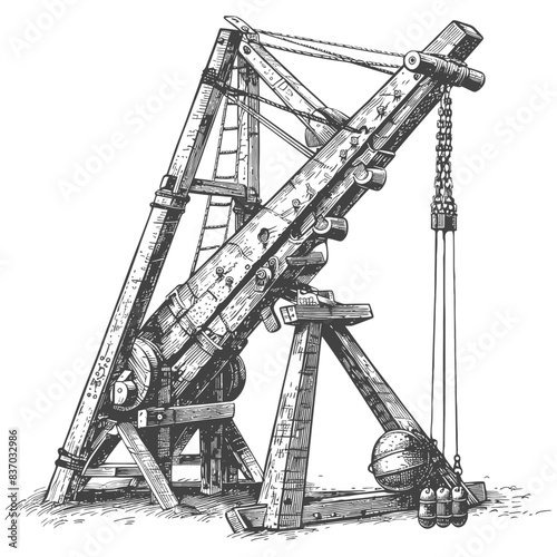 Medieval Trebuchet Illustration: Detailed Wood and Iron Siege Weapon.