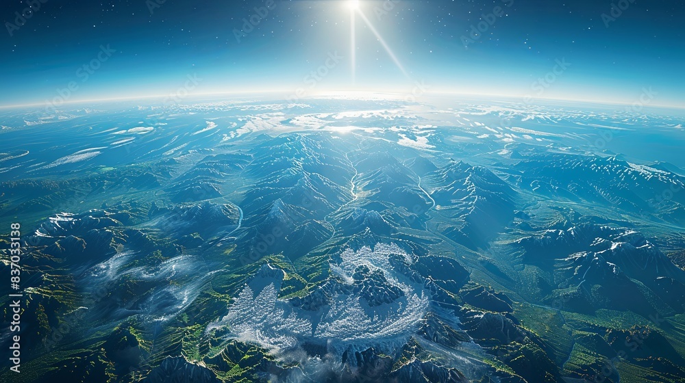 Photorealistic 3D Render of Planet Earth Viewed from Space with Exaggerated Features, Mountain Ranges, Emerging Trees in Jungles, and Ocean Waves, Created in Unreal Engine 5. High Definition and Detai