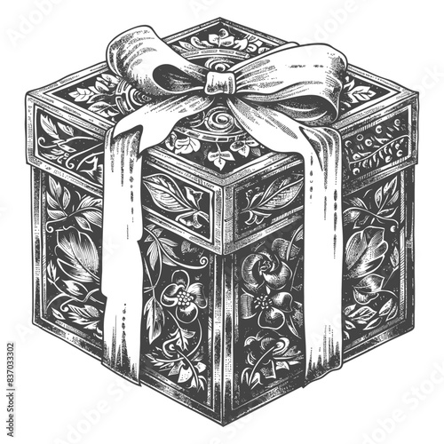 Etched Gift Box: Floral Ornament, Ribbon Tie, Vintage Style, Detailed Line Art.