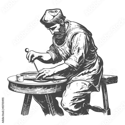 Vintage Engraving: Potter at Wheel, Traditional Hat, Focused Craftsman.