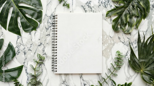 A blank white spiral notebook with leaves and plants on the sides