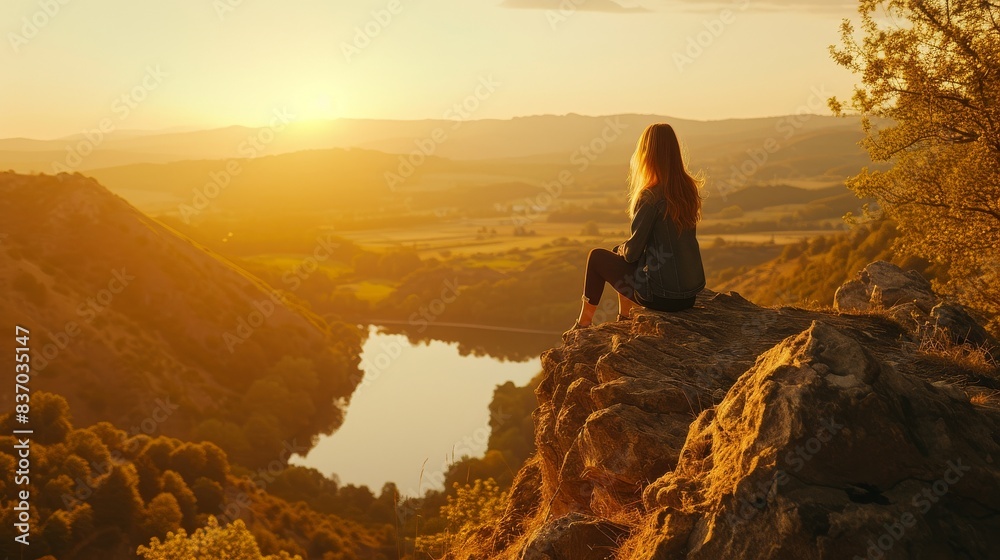 Young woman sitting on a rocky ledge of a mountain cliff, looking out at a picturesque vista of rolling hills and a serene lake below Young woman sitting on a rocky ledge of a mountain cliff, looking out at a picturesque vista of rolling hills and a serene lake below