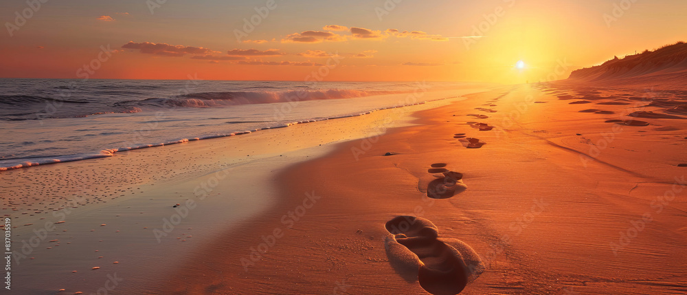 Tranquil Sunset Beach: Golden Hour Footprints in Sand with Setting Sun Tranquil Sunset Beach: Golden Hour Footprints in Sand with Setting Sun