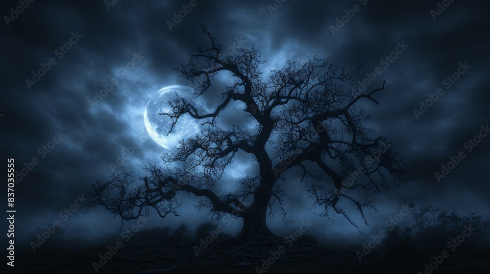 Fototapeta premium Silhouette of a tree skeleton under a gloomy stormy sky