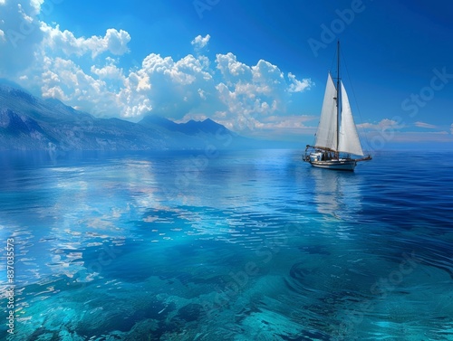 Image of a Boat sailing in the sea, Blue background