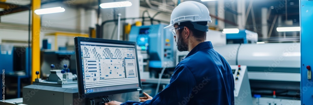 Technician using a computer to program CNC machinery in a factory setting Technician using a computer to program CNC machinery in a factory setting