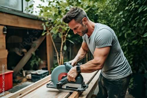 man using a saw and cutting piece of wood outdoor in garden