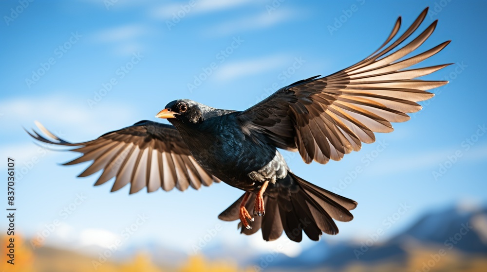 Obraz premium A detailed shot of a flock of migrating birds in flight, with intricate wing patterns and synchronized movements capturing the dynamic beauty of avian migration. Minimal and Simple,