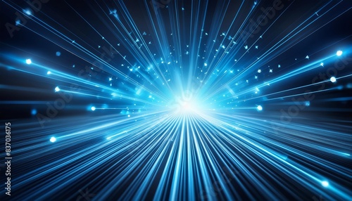 Blue fiber optic lights fanning out from a central point, creating a dazzling visual effect. The radiant beams and shimmering dots evoke innovation, advanced technology, and a futuristic atmosphere.
