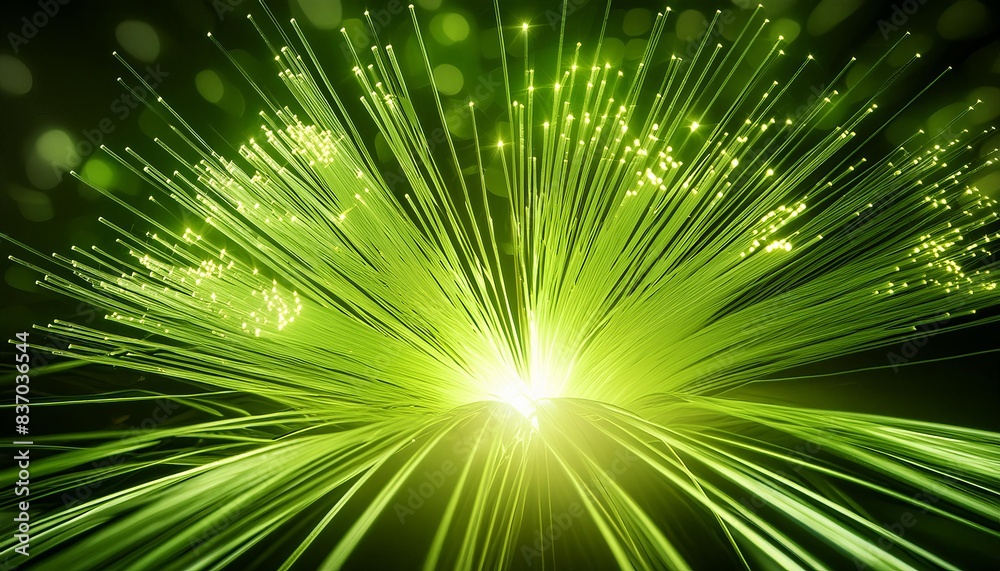 Green fiber optic lights exploding outward from a central point, creating a mesmerizing visual effect. The radiant beams and sparkling dots suggest innovation, advanced technology. Green fiber optic lights exploding outward from a central point, creating a mesmerizing visual effect. The radiant beams and sparkling dots suggest innovation, advanced technology.