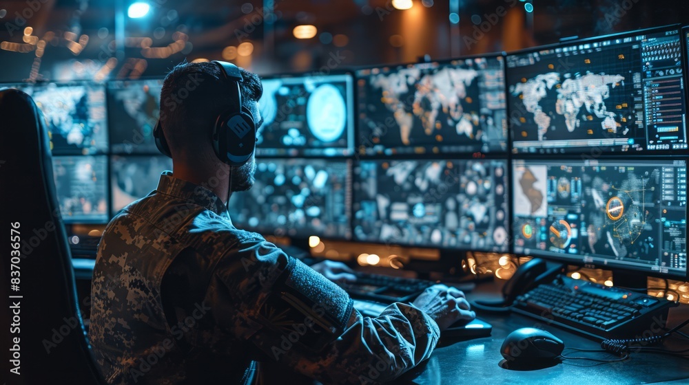 Command and control center with military commanders coordinating operations and analyzing real-time data, showcasing the strategic decision-making in modern military campaigns. Command and control center with military commanders coordinating operations and analyzing real-time data, showcasing the strategic decision-making in modern military campaigns.